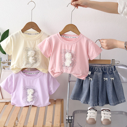 Outfit 2026 New Fashionable Children's Clothing with Rhinestones Short Sleeve Baby Girl Summer Two-Piece Set