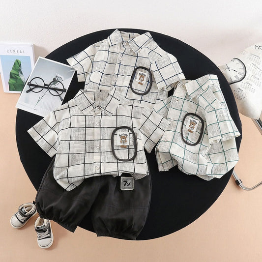 Children's Shorts Set 2026 Summer New Style Shirt Checkered Two-Piece Outfit Boys' Short Sleeve