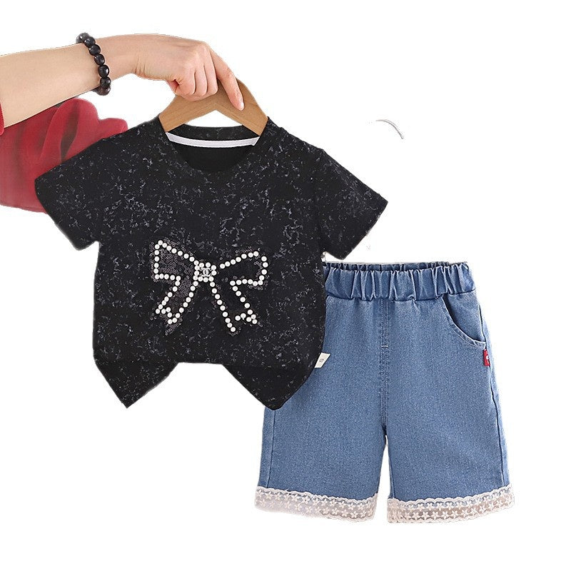 Girls' short-sleeve outfit with large bow, thin style, stylish children's clothing, 2-piece baby summer outfit, trendy