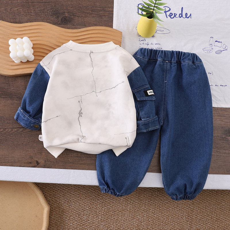Boys' Outfit 2025 New Style for 1-3 Year Old Boys, Autumn Clothes with Letter Patchwork and Denim Sleeves, Two-Piece Trendy Set
