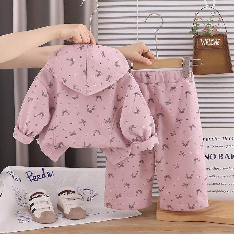 Girls' Outfit 2026 New Fashionable Bowknot Hooded Zipper Jacket Two-Piece Set for Toddlers in Autumn