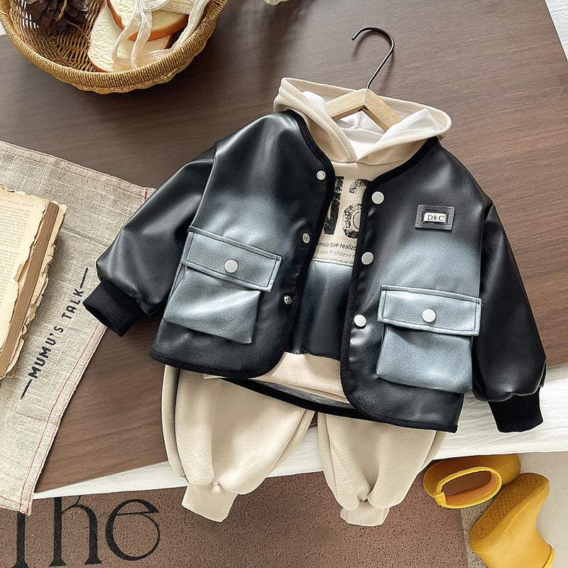 Boys' Outfit 2026 New Fashionable Spring Autumn Clothes for Babies Cool and Stylish Children's Leather Jacket Three-Piece Set