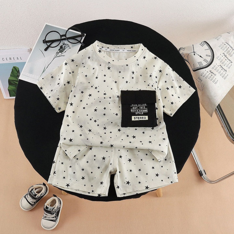 Boys' Outfit with Star Print Short Sleeve 2026 New Fashionable Two-Piece Set for Children's Summer Casual Wear