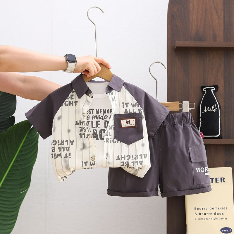 Baby boy letter print striped shirt three-piece 2026 new style infant summer short-sleeve set