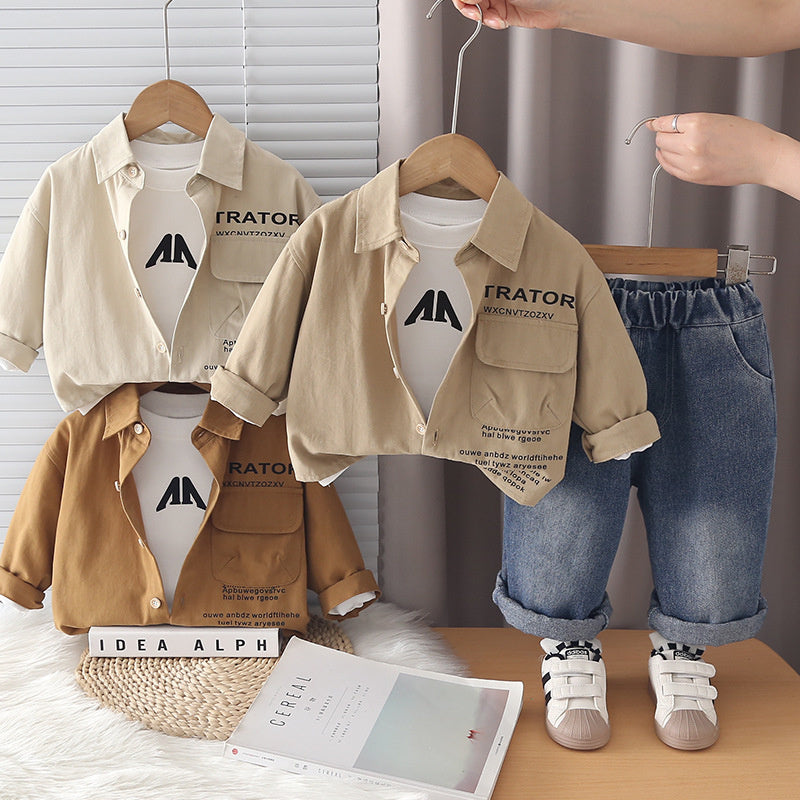 Boys' Outfit 2026 New Fashionable Children's Autumn Clothing Baby Korean Style Solid Color Letter Jacket Three-Piece Set Trendy