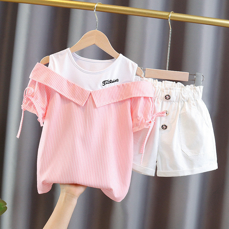 Summer Girls' Outfit 2023 New Korean Style for Older Children, Two-Piece Set with Off-Shoulder Top Shorts, Stylish and Trendy