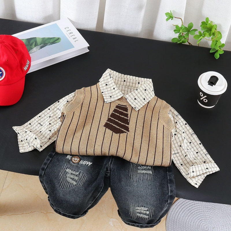 Boys' 2026 New Outfit: Stylish Tie Sweater Three-Piece Set, Baby Clothes for Spring and Autumn