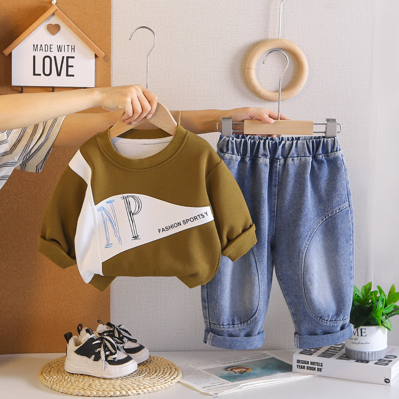 Boys' Outfit 2026 New Trendy Casual Patchwork Sports Two-Piece Set Children, Spring and Autumn Fashion for Toddlers