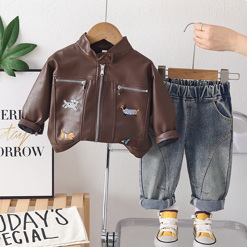 Boys' and Autumn Stand-Collar Leather Jacket Two-Piece Set, Stylish Children's Clothing for 1-Year-Old Boys, Trendy Spring Outfit