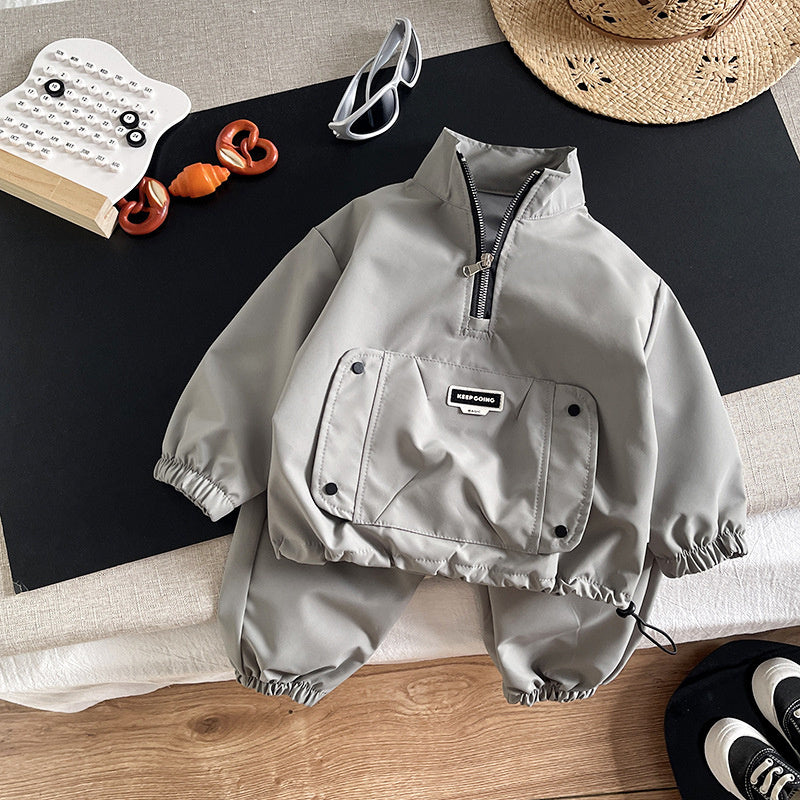 Boys' Autumn Outfit Set 2026 New Fashionable Children's Long-Sleeve Half-Zip Large Pocket Two-Piece Spring/Autumn Clothing Trendy