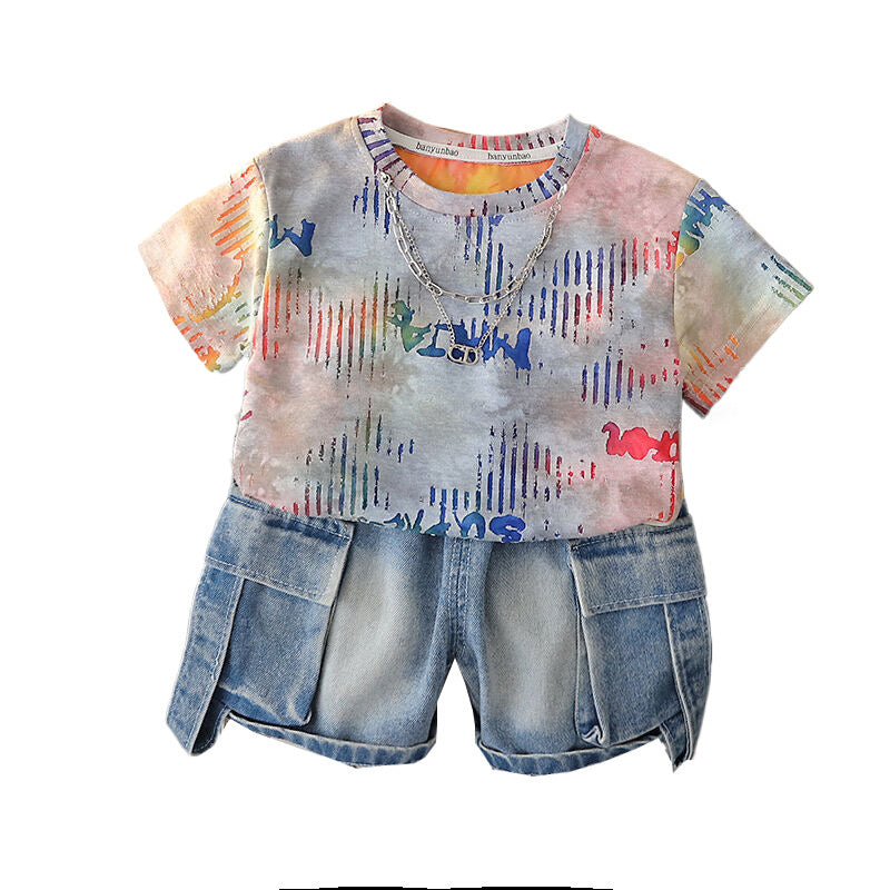 Boys' Summer Outfit Set 2026 New Fashionable Stylish Toddler Short Sleeve Shirt with Gradient Lines and Pants for Baby Boys