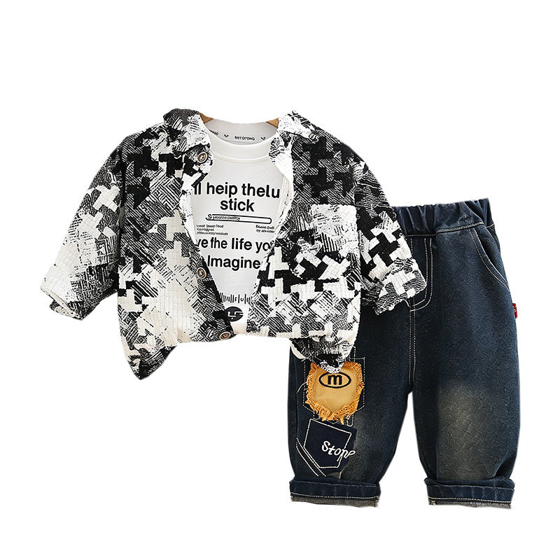 Outfit 2026 New Style Children's Boys' Spring and Autumn Sporty Stylish Baby Plaid Jacket Three-Piece Set