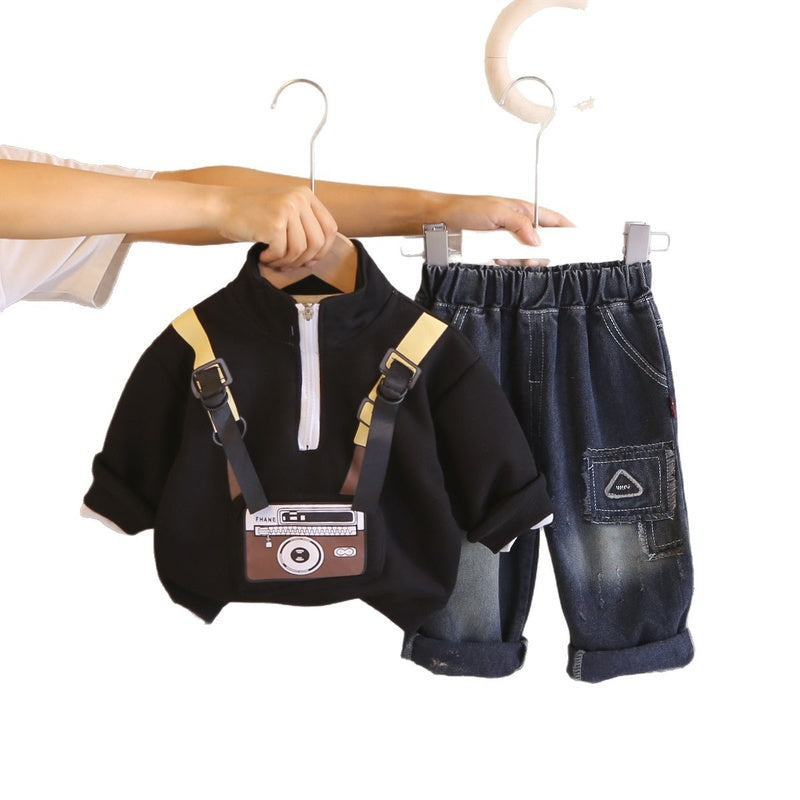2026 New Spring Autumn Outfit Baby Boys, Cartoon Camera Sweatshirt Set, Stylish Long-Sleeve Two-Piece Set for Infants and Children