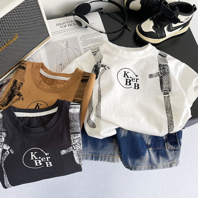 Boys' Outfit 2026 New Style Children's Faux Suspender Short Sleeve Baby Summer Thin Clothing Two-Piece Trendy Set