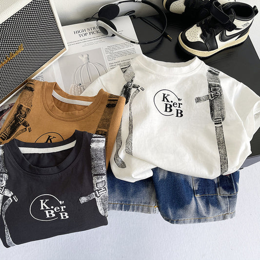 Boys' Outfit 2026 New Style Children's Faux Suspender Short Sleeve Baby Summer Thin Clothing Two-Piece Trendy Set