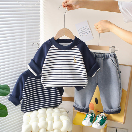 Boys' Fleece Lined Deer Sweatshirt Set 2025 New Trendy Children's Clothing Baby Autumn Winter Outfit