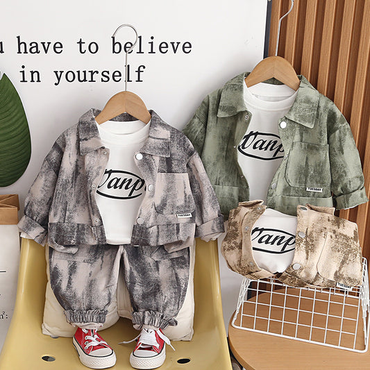 Stylish Boys' and Autumn Outfit 2026 Spring New Long-Sleeve Sports Tie-Dye Pocket Three-Piece Set for Babies