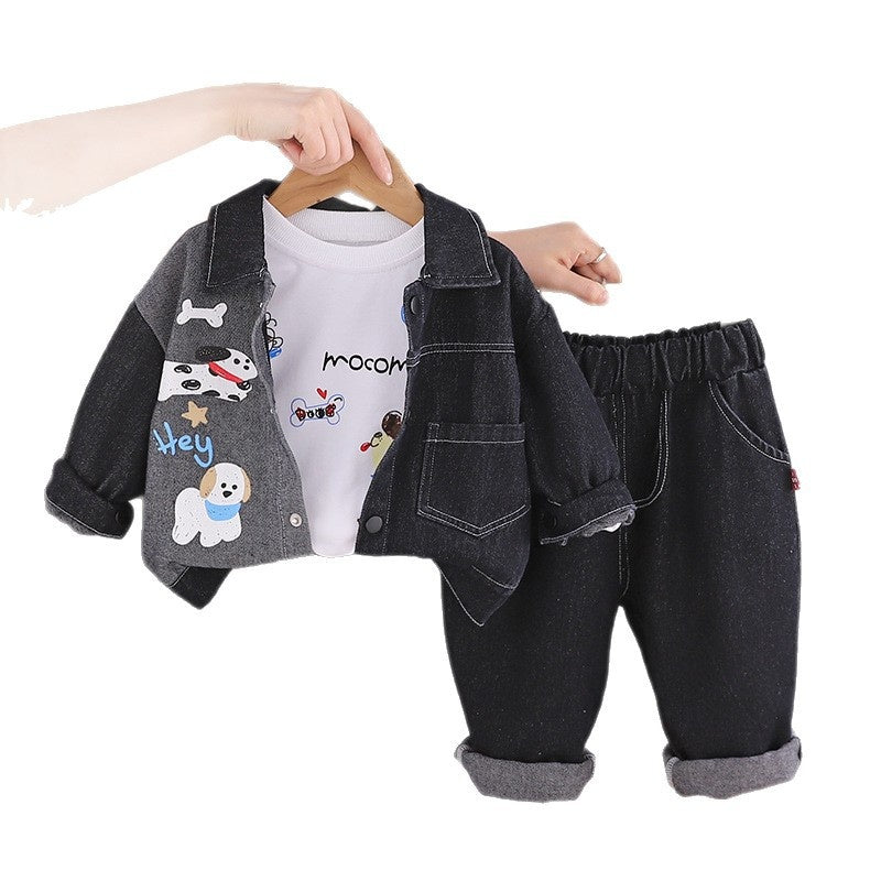 Baby Boy and Autumn Outfit 2026 New Fashionable Infant Spring Clothing Casual Puppy Denim Jacket Three-Piece Set