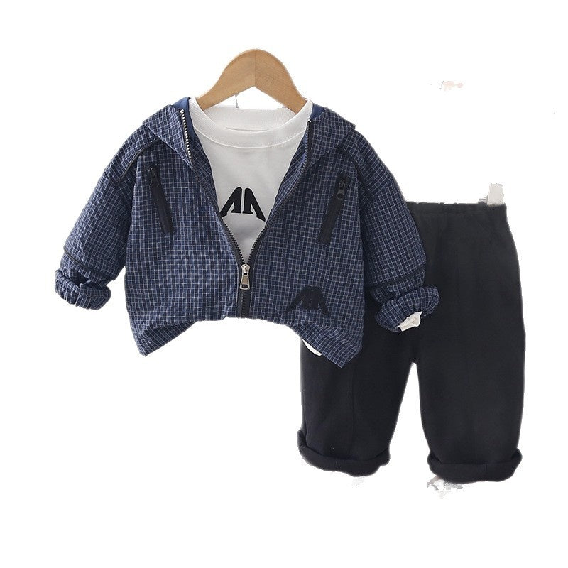 Boys' Spring and Outfit 2026 New Fashionable Children's Hooded Plaid Three-Piece Set Baby Autumn Casual Jacket