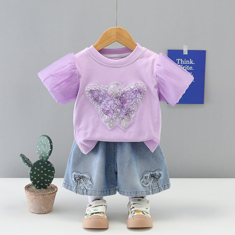 Little girl's summer butterfly short-sleeve outfit, stylish 2026 new baby clothes, fashionable and cute two-piece set for babies