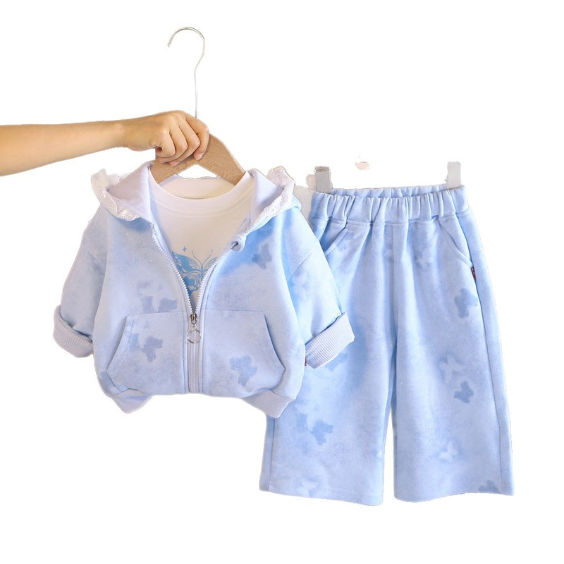 Girls' Outfit 2026 New Fashionable Full-Print Big Butterfly Three-Piece Set Baby Spring and Autumn Cartoon Clothes