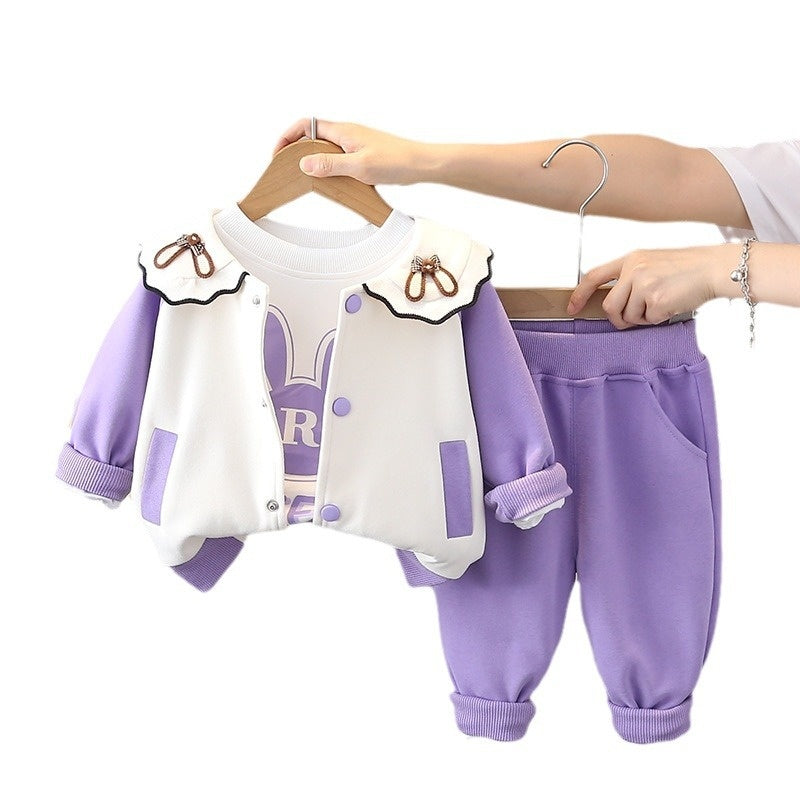 Girls' Outfit Stylish One-Year-Old Baby Clothes Fashionable Toddler Children's Spring and Autumn Ear Bunny Three-Piece Set Trendy