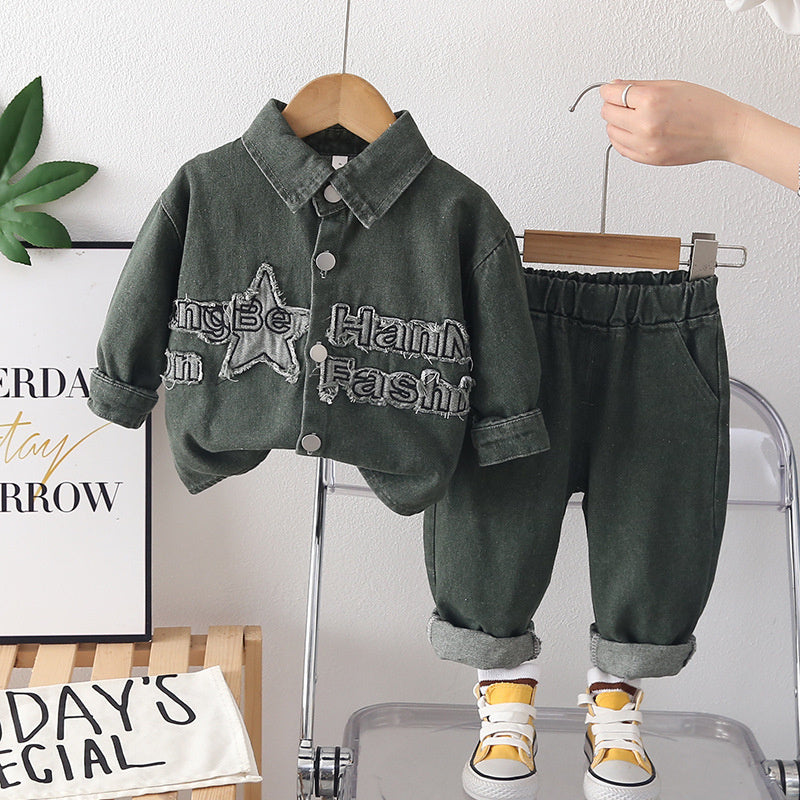 Boys' and Autumn Outfit 2026 New Style, Stylish Korean Version Young Boys, Spring Patchwork Denim Two-Piece Set for Children