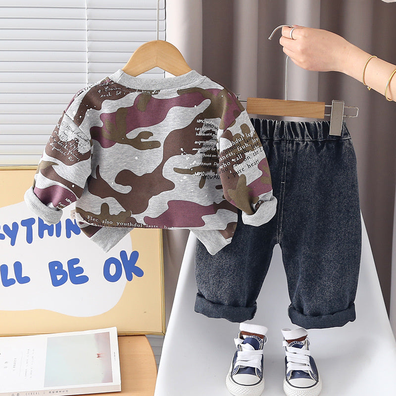 Outfit 2026 New Children's Camouflage Sweatshirt Boys' Spring and Autumn Sporty Stylish Baby Two-Piece Set