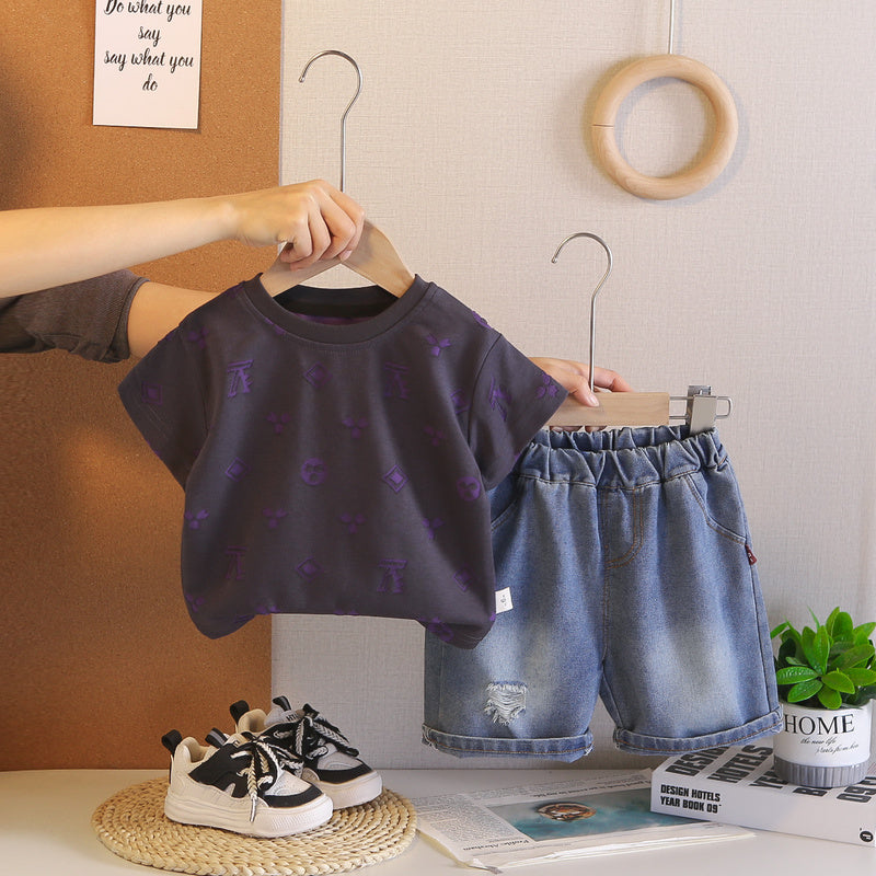 Boys' Outfit 2026 New Fashionable Toddler Summer Clothes with Printed Round Neck Short Sleeve Shirt and Jeans
