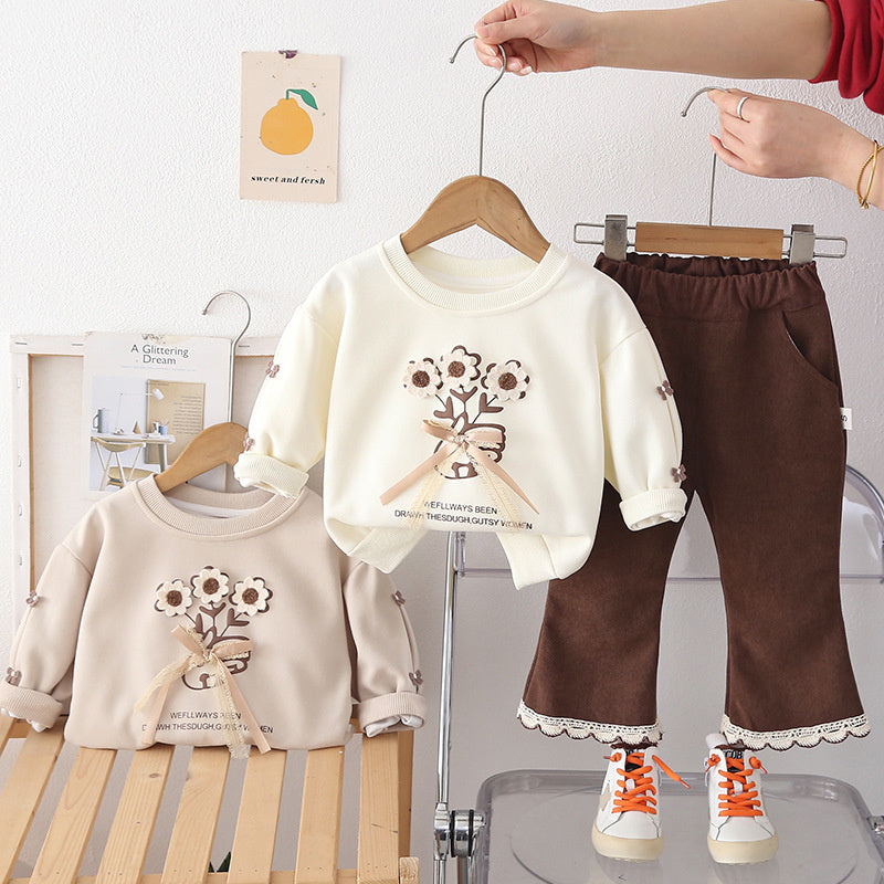 Girls' Outfit 2026 New Baby Spring Fashion Stylish Children's Long Sleeve Small Flower Bow Sweatshirt Two-Piece Set