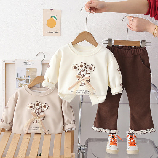 Girls' Outfit 2026 New Baby Spring Fashion Stylish Children's Long Sleeve Small Flower Bow Sweatshirt Two-Piece Set