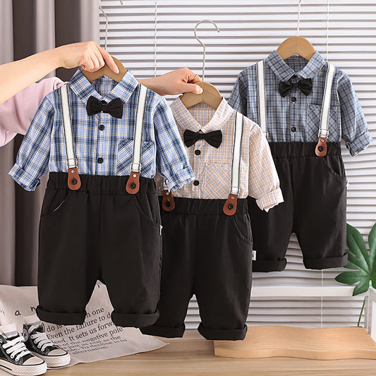 Baby Autumn Outfit: Plaid Shirt and Overalls Set, Stylish Spring-Autumn Clothes for 1-3 Year Olds, Two-Piece Trendy Children's Clothing