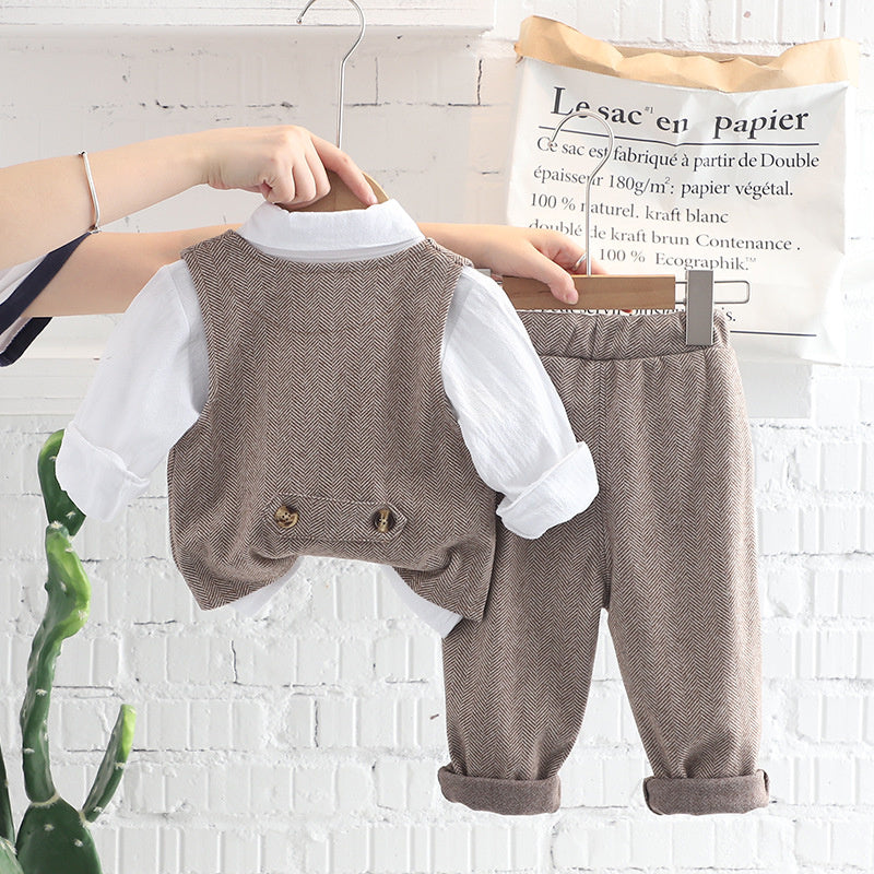 Small Medium Boys Spring and Autumn Korean Version Handsome Baby Plaid Vest Shirt Three-Piece Suit Long Sleeve Set Manufacturer Wholesale