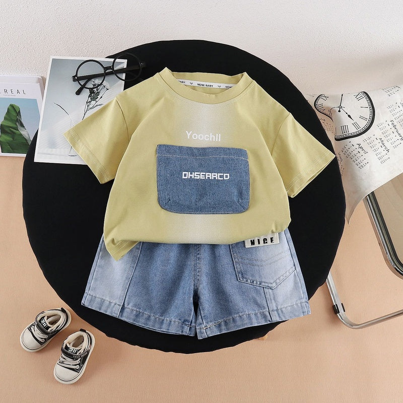 Boys' Outfit 2026 New Model Infant Children's Letter Patch Short Sleeve Two-Piece Set Baby Summer Casual Clothes