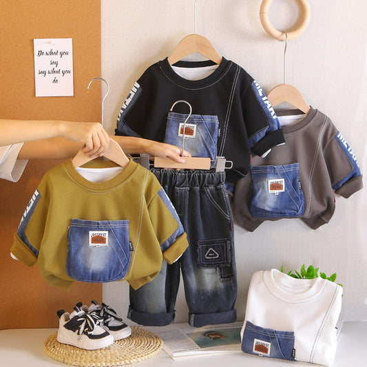 2026 New Spring Autumn Outfit Baby Boys: Denim Big Pocket Sweatshirt Set, Stylish Long-Sleeve Two-Piece Set for Infants and Children