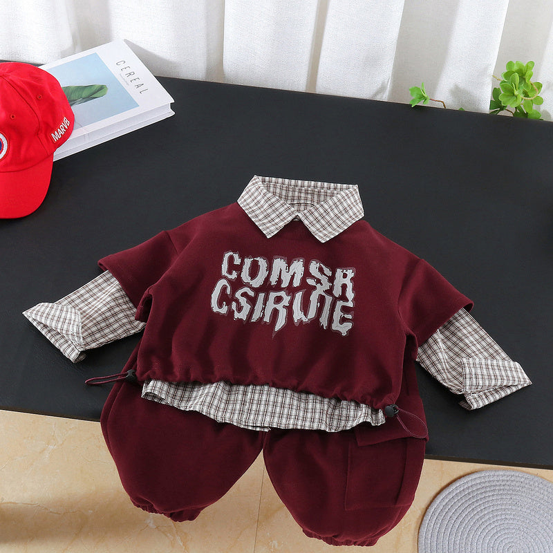 Boys' Suit 2026 New Spring and Fashionable Children's Casual Plaid Lapel Three-Piece Set for Babies in Autumn