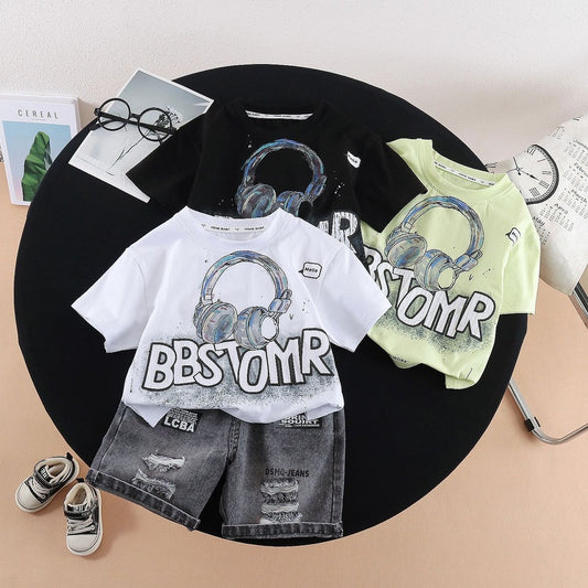 Set New Style Boys' Letter Print Headphone Short Sleeve Shorts Two-Piece Summer Outfit Children's Clothing 3