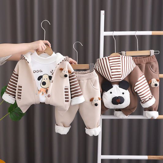 Boys' Autumn and Fleece-Lined Bag Dog Three-Piece Set New Baby Winter Warm Outfit Stylish Clothes Trendy Children's Clothing