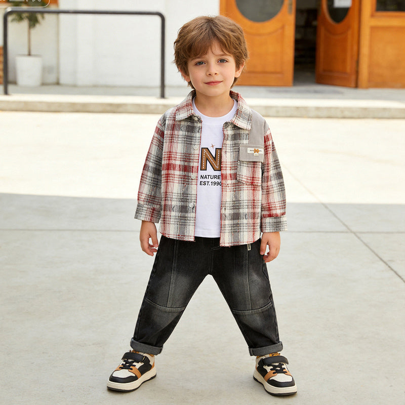 Boys' Spring and Outfit 2026 New Plaid Three-Piece Set Baby Autumn Casual Shirt Trendy Children's Clothing