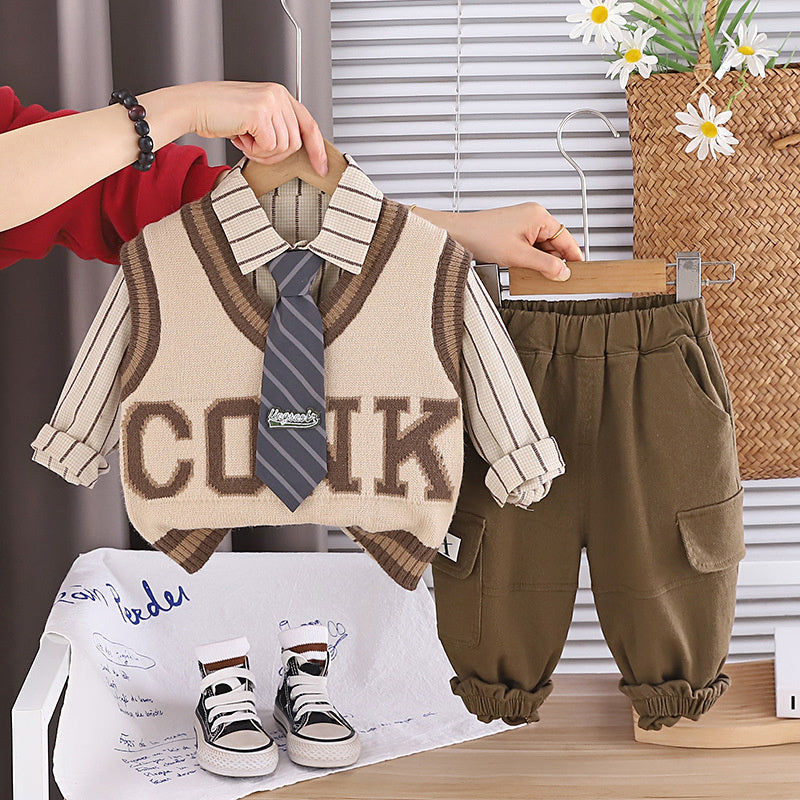 Boys' outfit set, stylish clothing for spring autumn, handsome baby children's wear, British style tie and sweater three-piece set