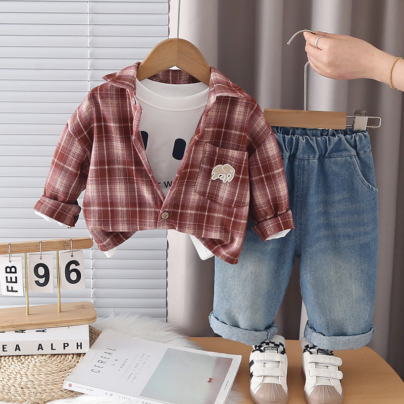Boys' Outfit 2026 New Children's Casual Plaid Shirt Three-Piece Set for Boys, Trendy Cool Spring and Autumn Wear