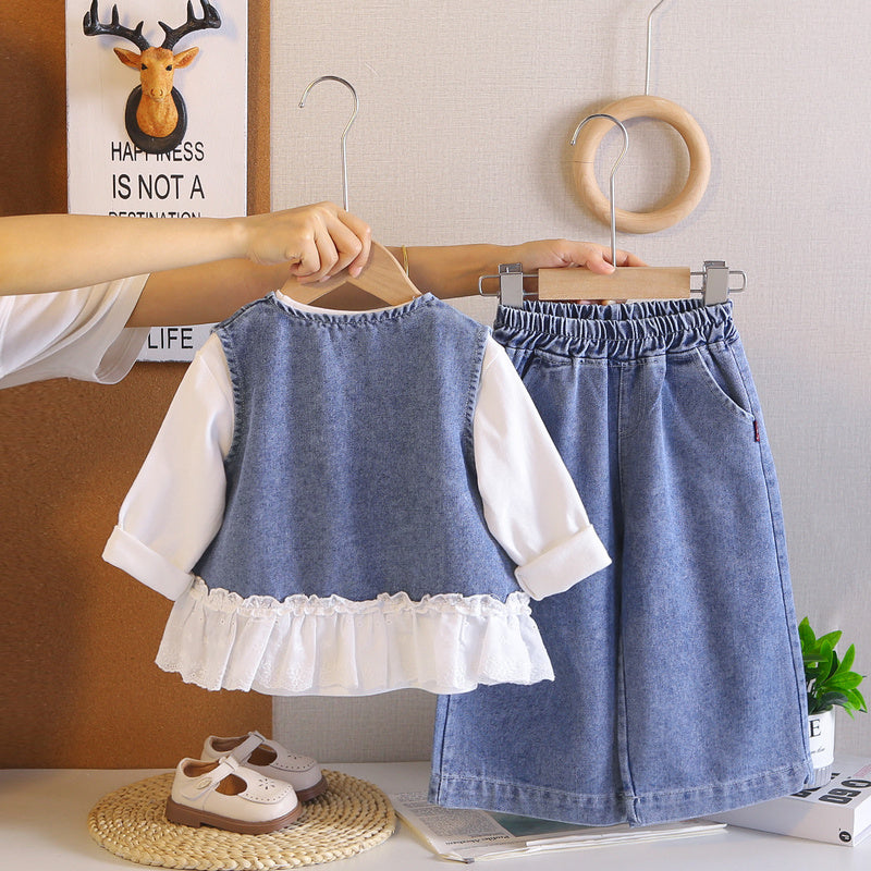 Baby Clothes Spring and Autumn, Cute Long-Sleeve Denim Lace Vest Three-Piece Set for Girls, 0-2 Years Old, Wholesale