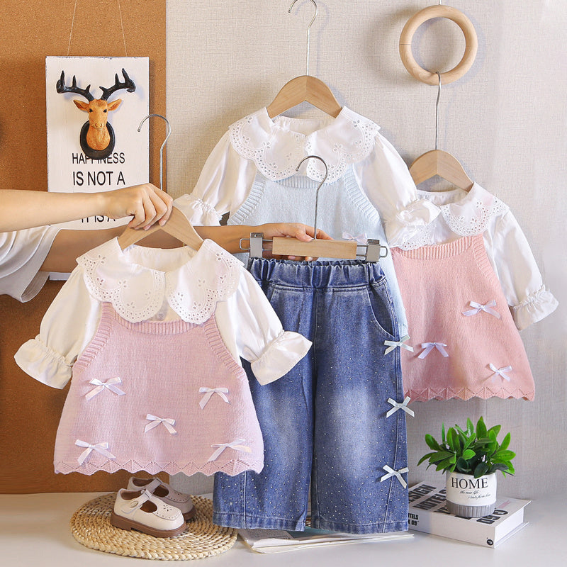 Girls' Autumn Outfit 2026 New Fashionable Stylish Children's Clothing Baby Bow Sweater Three-Piece Casual Set