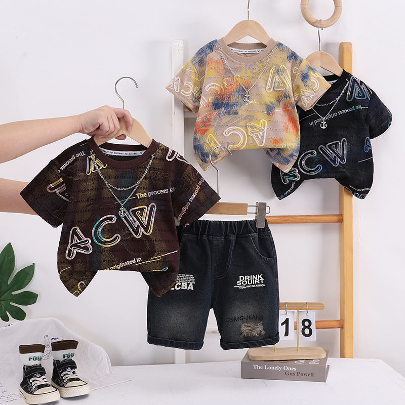 Outfit Children's 2026 New Necklace Letter Short Sleeve Boys Clothes Baby Summer Two-Piece Set