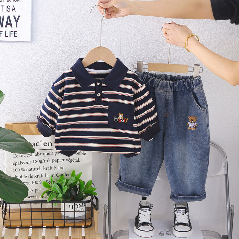 Boys' Outfit 2026 New Fashionable Baby Clothing, Spring and Autumn Striped Pocket Bear Button-Up Shirt Two-Piece Set