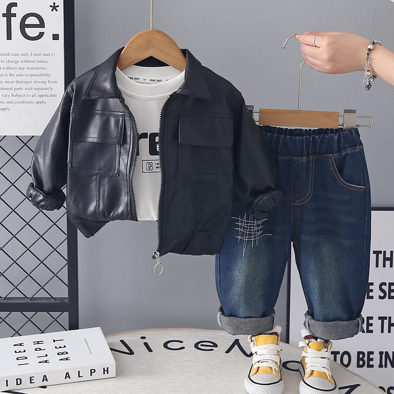 Baby Boy Outfit 2026 New Style Boys' Square-Pocket Leather Jacket Three-Piece Set Stylish Spring and Autumn Clothes for Little Boys
