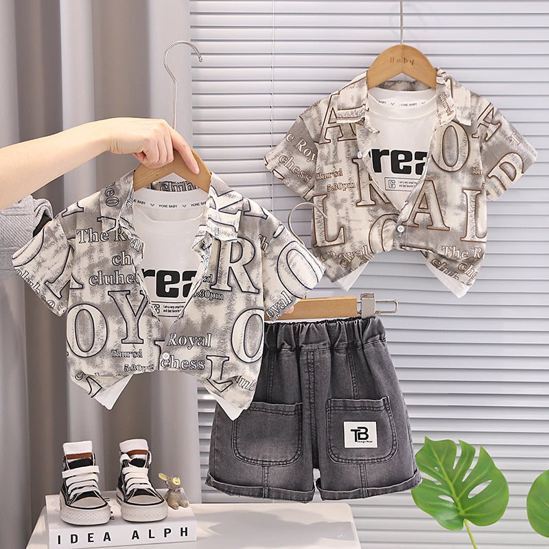 Boys' outfit 2026 new stylish baby with large English print short-sleeve shirt, infant summer three-piece trendy set
