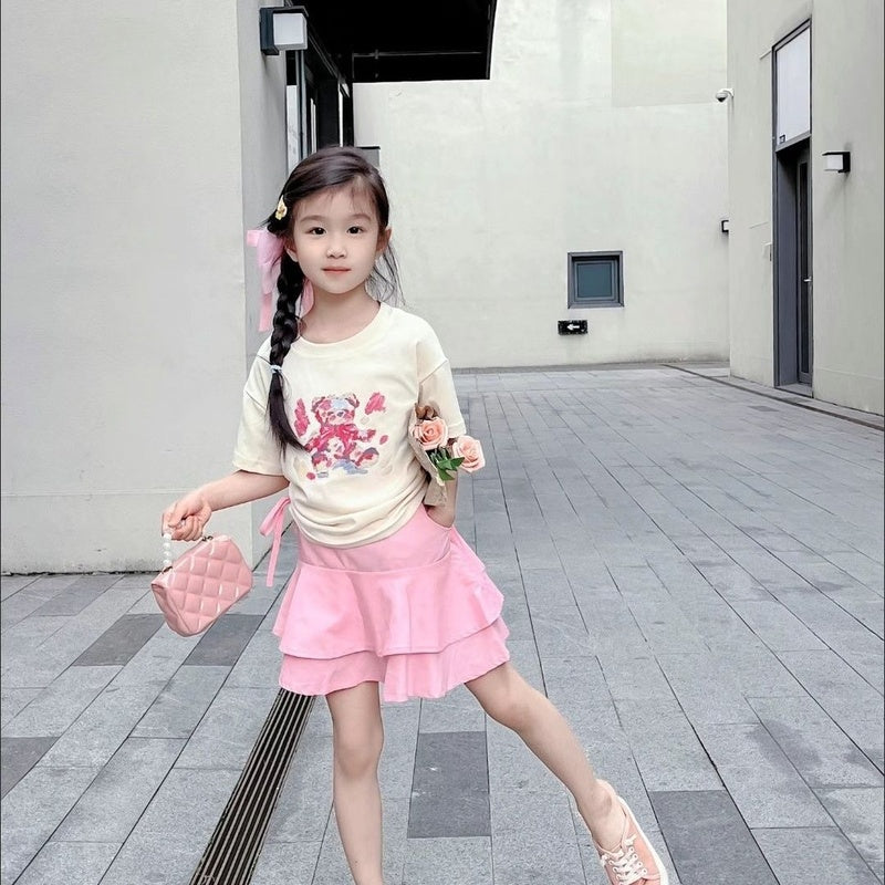 cute girls' t-shirt set, new summer drawstring top, Korean-style sweet and spicy two-piece skirt set