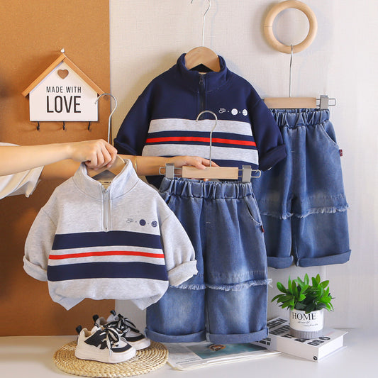 Children's 2026 Spring and Autumn New Korean Style Boys' Fall Outfit Stand Collar Half-Zip Sweatshirt Baby Two-Piece Set Trendy