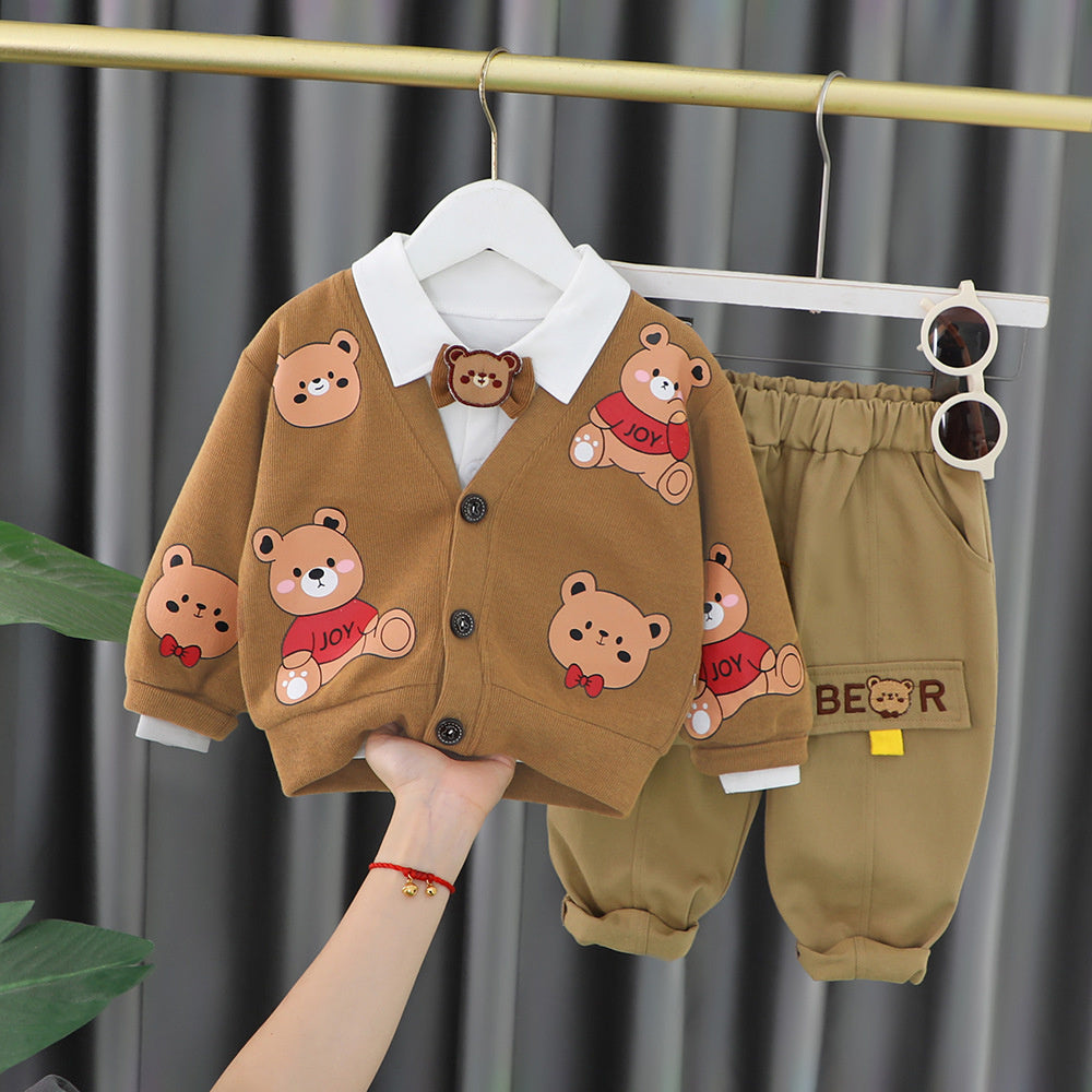 2023 Boys Long Sleeve Handsome Baby Boy Spring and Autumn Cute Bear Cardigan Little Children Three Piece Set